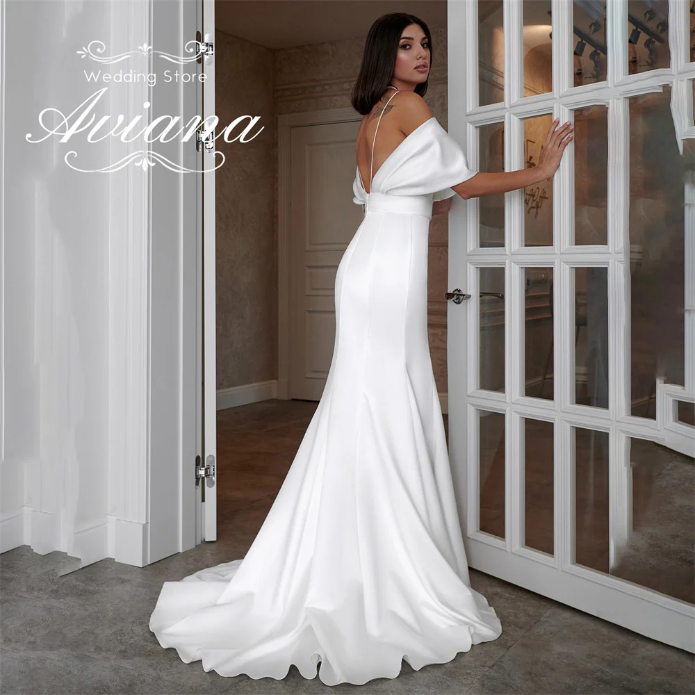 Aviana مخصص الخامس الرقبة قبالة الكتف حورية البحر فستان الزفاف طول الأرض عارية الذراعين السباغيتي حزام بسيط الكشكشة أنيقة