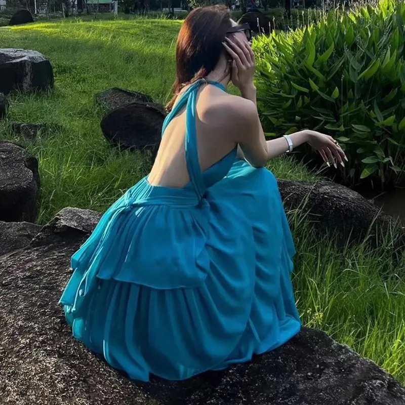 Azul com decote em v sexy vestido de festa feminino sem costas cruz sem mangas em camadas babados vestidos bodycon streetwear férias roupas