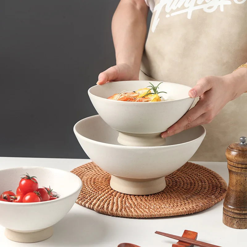 Japanese High-legged Noodle Bowl Heat-resistant Coarse Earthenware Tableware Creative Shops Home Retro Bamboo Hat Large Bowls