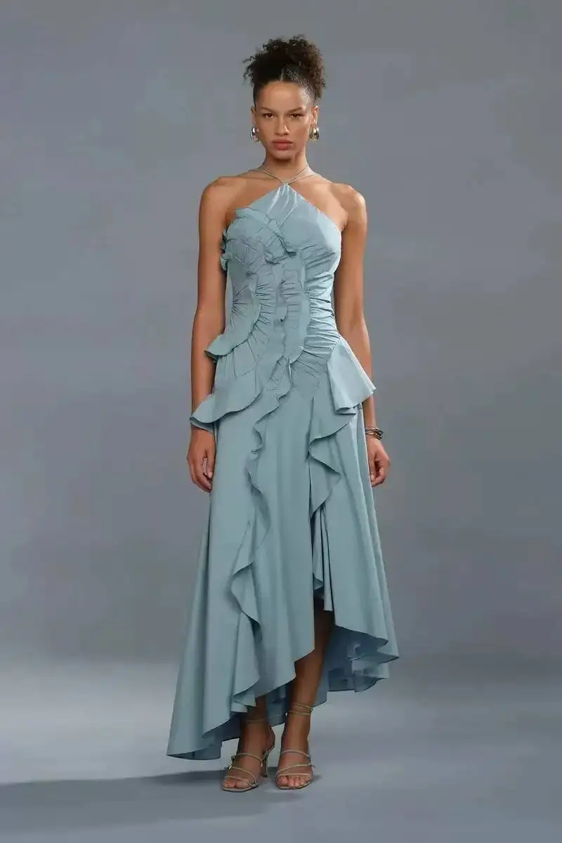 Partykleider – Neuheit: Elegantes Y2K-Party- und Urlaubskleid mit Neckholder, Rüschen, Abendkleid, einfarbig, Falten, A-Linie, Schnürung, rückenfrei, sexy – ZBA8