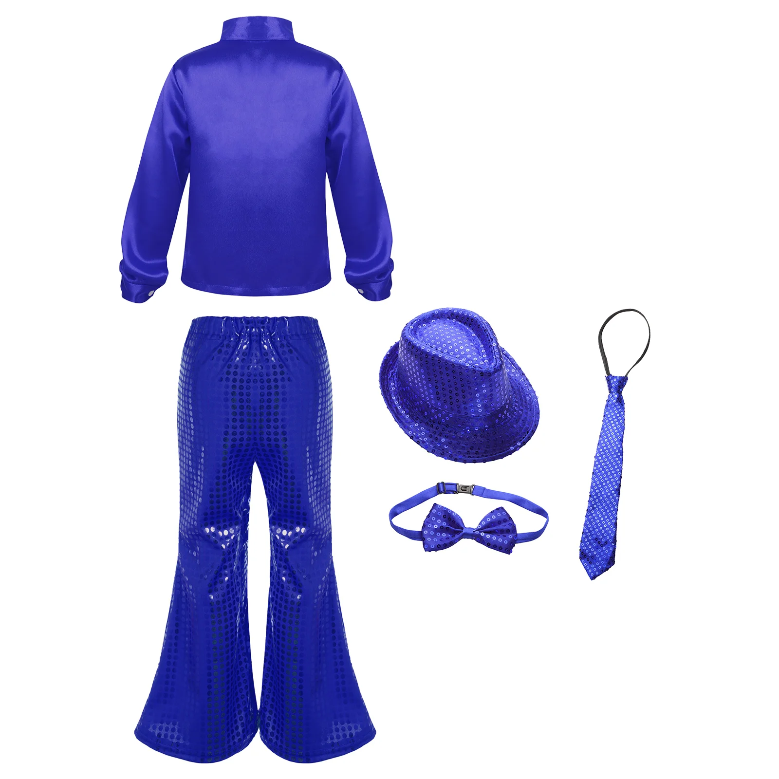 Girls Boys Disco Dance Costume Halloween Performance Outfits Set Sequined Long Sleeve Shirt with Flared Pants Hat Bowtie Necktie