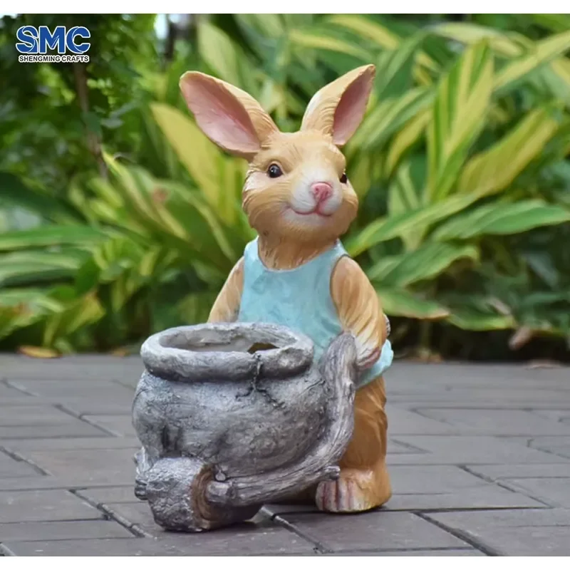 SMC Resin Lifelike Durable Weather Resistant Cartoon Animal Rabbit Astronaut Sculpture Flower Pot Creative Outdoor Garden