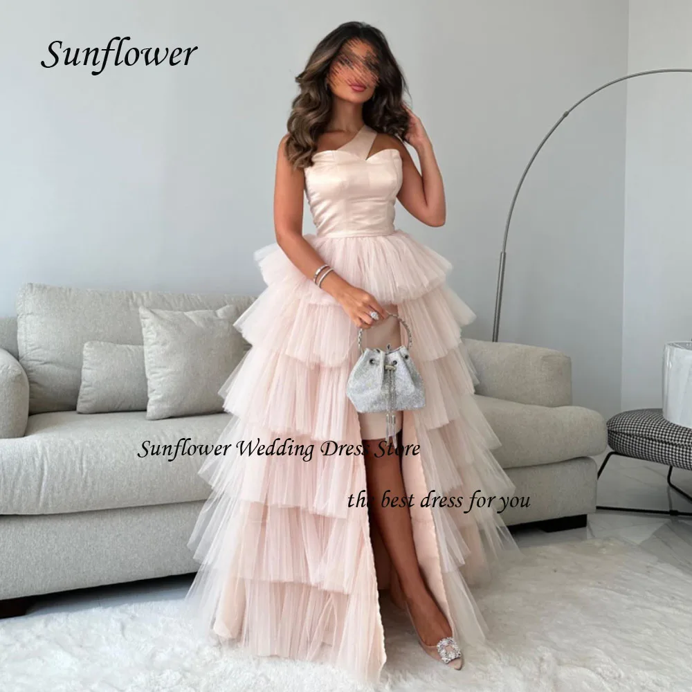 Sunflower One-Shoulder Formal Evening Dress 2023 Slim Tiered Tulle A-LINE Floor-Length Front Split High-end Custom Party Gowns