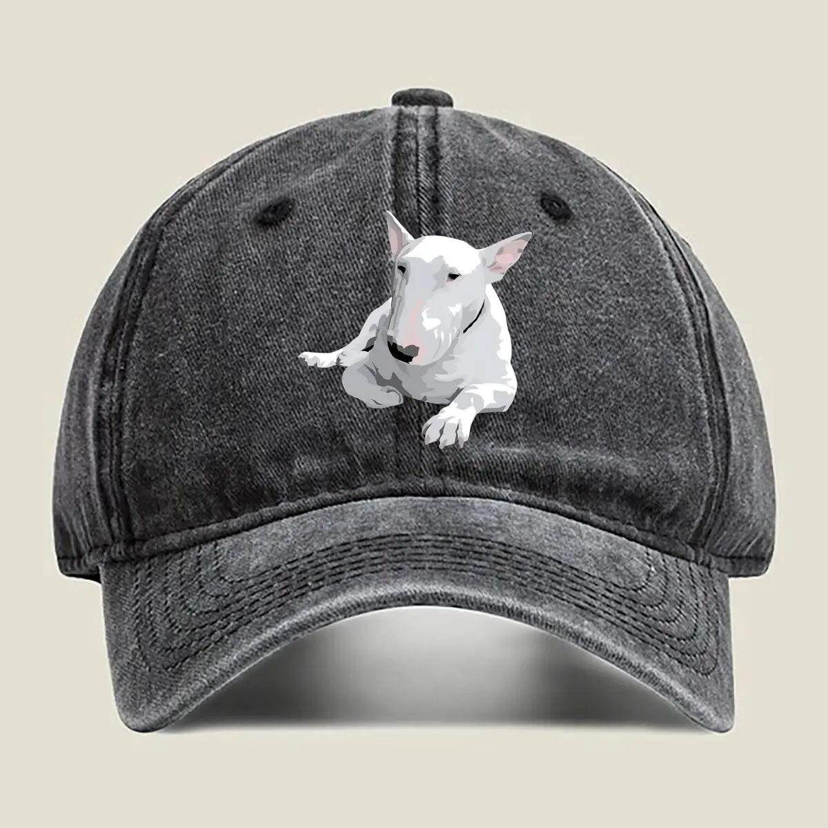

Bull Terrier Art “White Bull Terrier” in Realistic, Lying - Down Pose Design Washed Baseball Cap