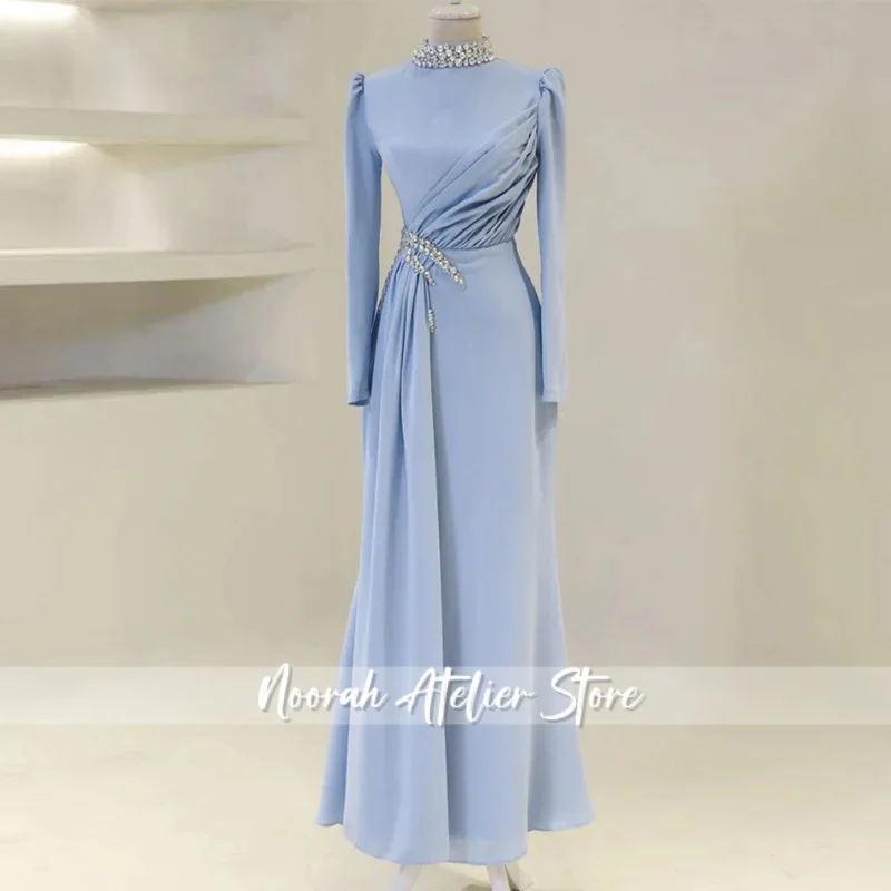 Arabische Prom Dress Aangepaste Lange Mouwen Hoge Hals Kristal Kralen Zeemeermin Avondjurken Arabische Party Gown Robe De Soiree