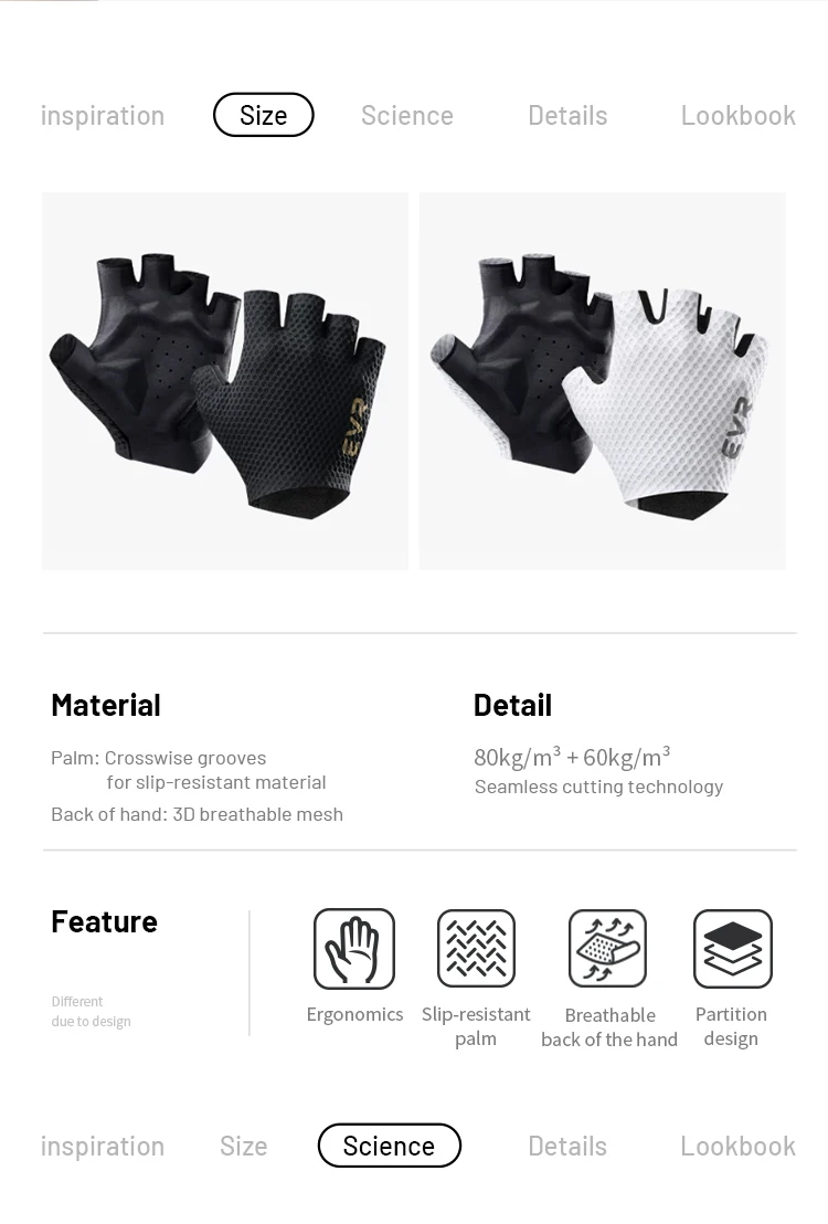 EVR Fahrradhandschuhe für Herren und Damen, halbfingerige Fahrradhandschuhe mit rutschfester Handflächenpolsterung, atmungsaktive MTB- und Rennradhandschuhe, Fahrradzubehör. – Detail 5