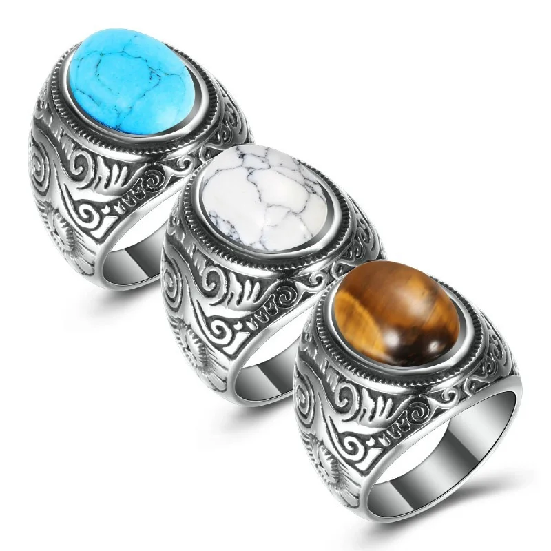 

316L Stainless Steel Natural Stone Ring For Men Women Vintage Jewelry Tiger Eyes Stone Rings Finger Accessory