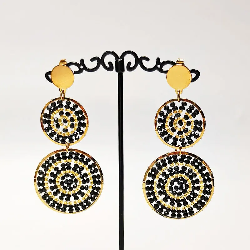 Pendientes de cuentas redondez cristal negro en forma de calabaza versátil tejido a mano aleación Bohemia marea pendientes de cuentas de arroz femenino