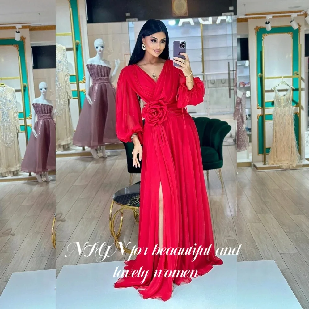 

NFYN Red Party Dresses V-Neck with Pleats Beach Formal Dresses Gown Puffy Sleeve Flowers Split Long Evening Dresses Customized