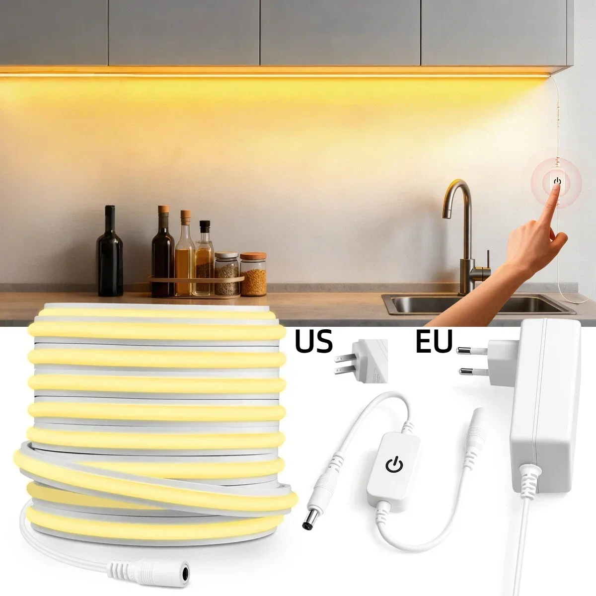 أحدث DC24V الصلبة COB النيون قطاع ضوء 280 المصابيح/م عالية التجويف أنبوب هلام السيليكون النقي مع عكس الضوء اللمس التبديل للمطبخ المنزل