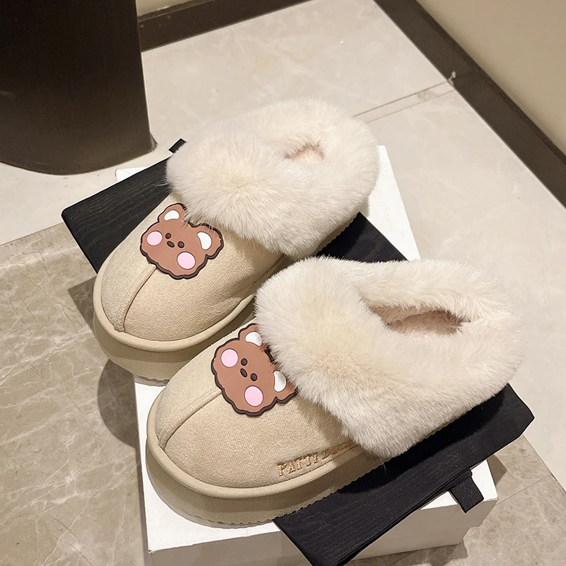 Women's imitation fur upper bear logo winter new anti-slip plush snow boots warm cotton shoes thick-soled slippers