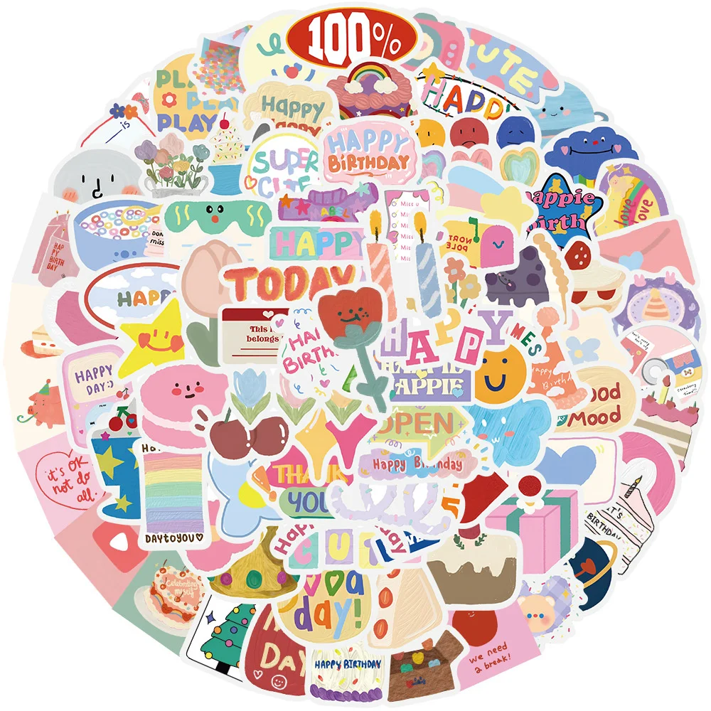 90pcs Happy Birthday Stickers For Notebooks Phone Laptop Stationery Cup Scrapbook Aesthetic Happie Sticker Scrapbooking Supplies