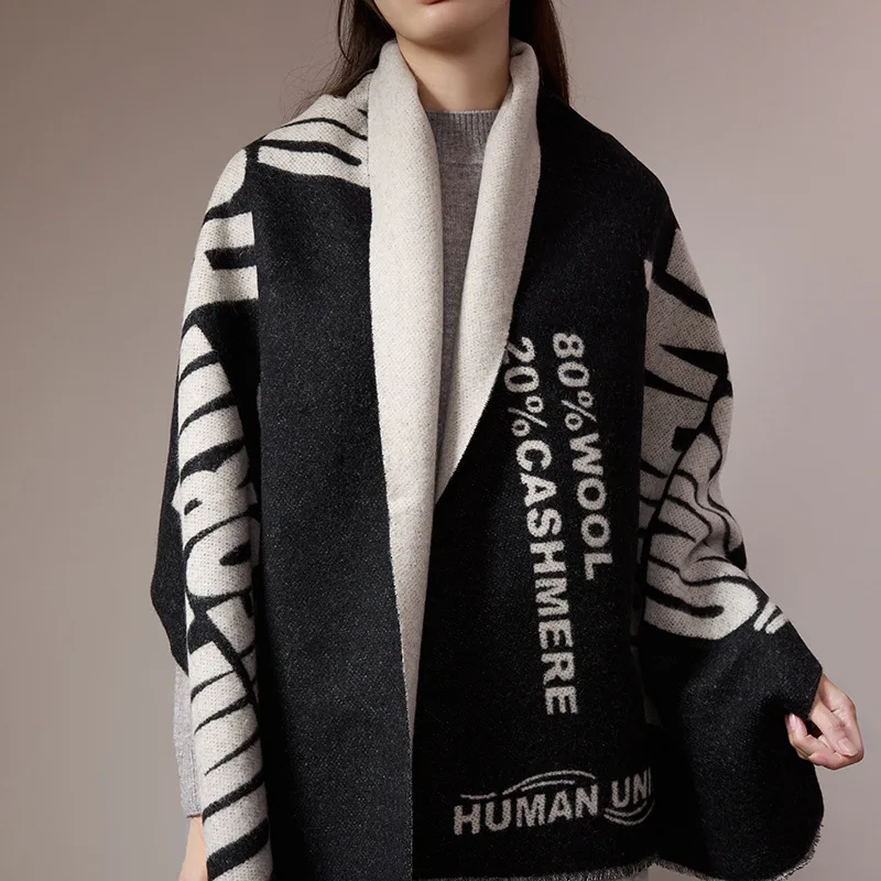 

2025 New Woven Jacquard 100% Pure Wool Blanket with Customized Black White Cloak for Warmth and Soft Skin friendly Women's Scarf