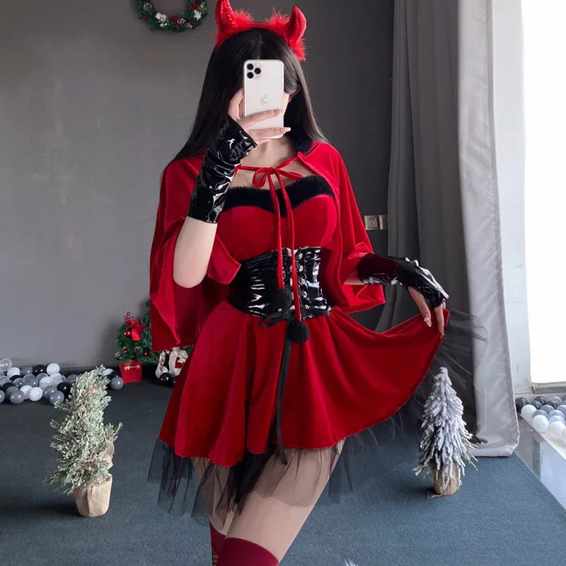 New Halloween Carnival Cosplay Red Devil Uniforms Club Outfit vestito da cameriera per la festa a tema natalizio scialle di velluto vestito di lusso