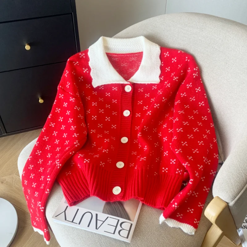 Women Clothing Vintage Knitting Sweater Red Cardigan Jacket Long Sleeve Dark Blue Fashion Doll Collar Coat Female Winter Tops