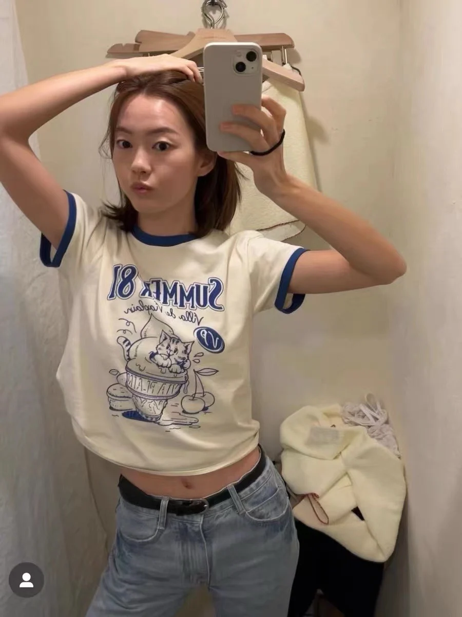 

Casual Viaplain ort Sve T-irt Print Ice Cr Cartoon Color Blo Versatile Summer Top Women's Faion Spring 2023