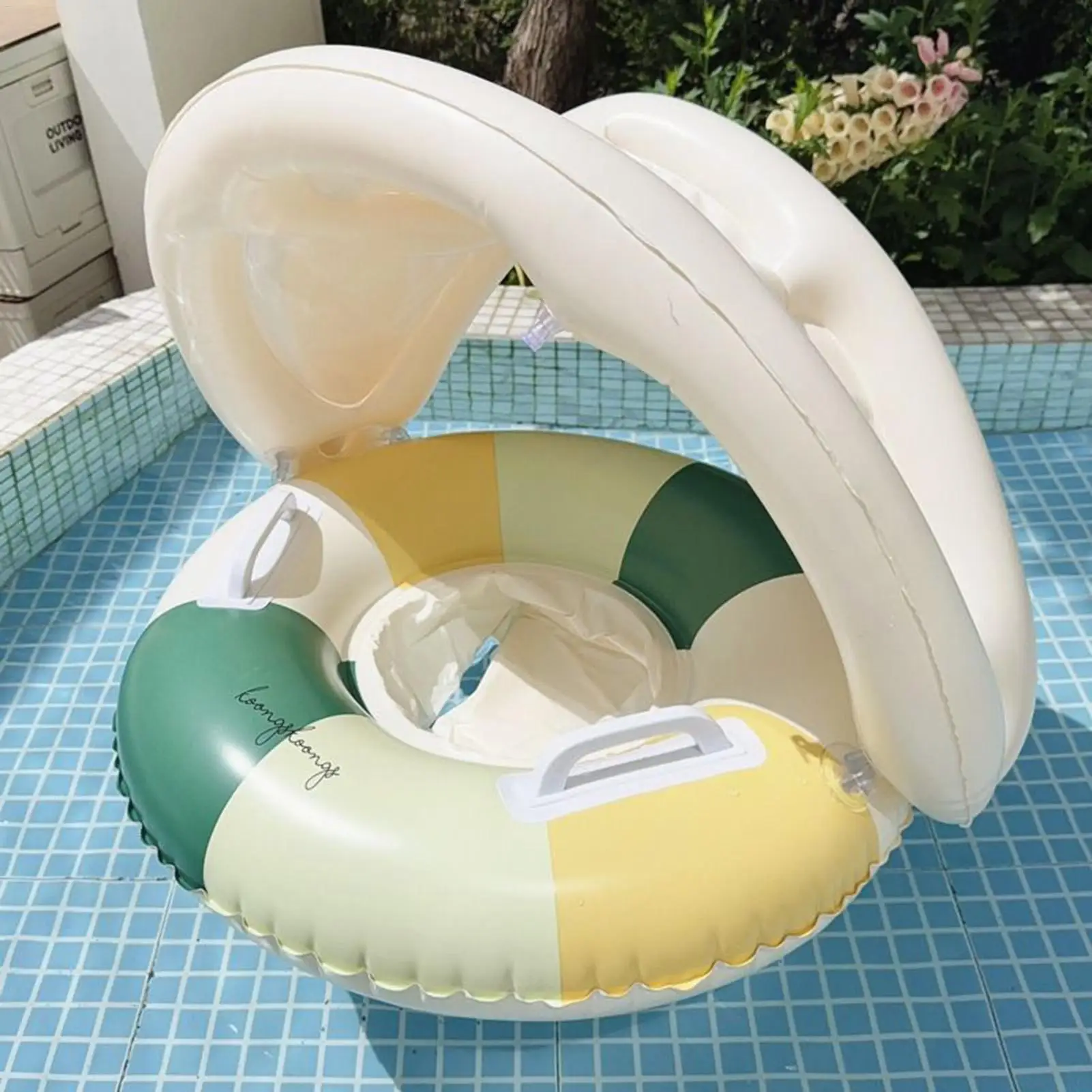 Baby Pool Float ป้องกันแสงแดดเด็กสระว่ายน้ําลอยแหวน Canopy ความปลอดภัยที่นั่งแหวนว่ายน้ํา Retro Floating Sunshade