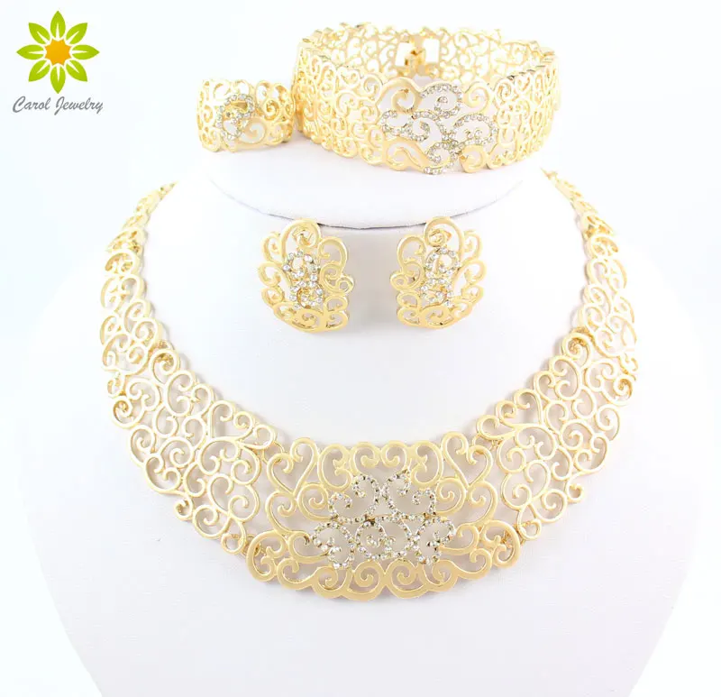 Vintage Hollow Crystal Flower Necklace Earrings Gold Color  African Dubai Wedding Costume Jewelry Sets For Women