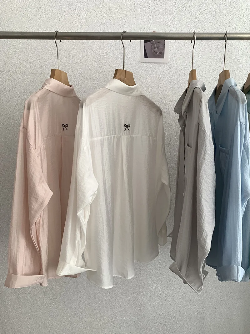 ลําลองแขนยาวครีมกันแดดเสื้อผู้หญิงฤดูใบไม้ผลิ/ฤดูร้อนใหม่ Turn-Down COLLAR SINGLE Breasted กลับโบว์เย็บปักถักร้อยเสื้อบาง