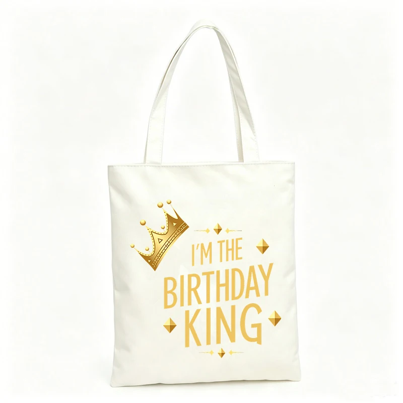 Men's canvas tote bag with crown and letter print, ideal for birthday celebrations and casual outings