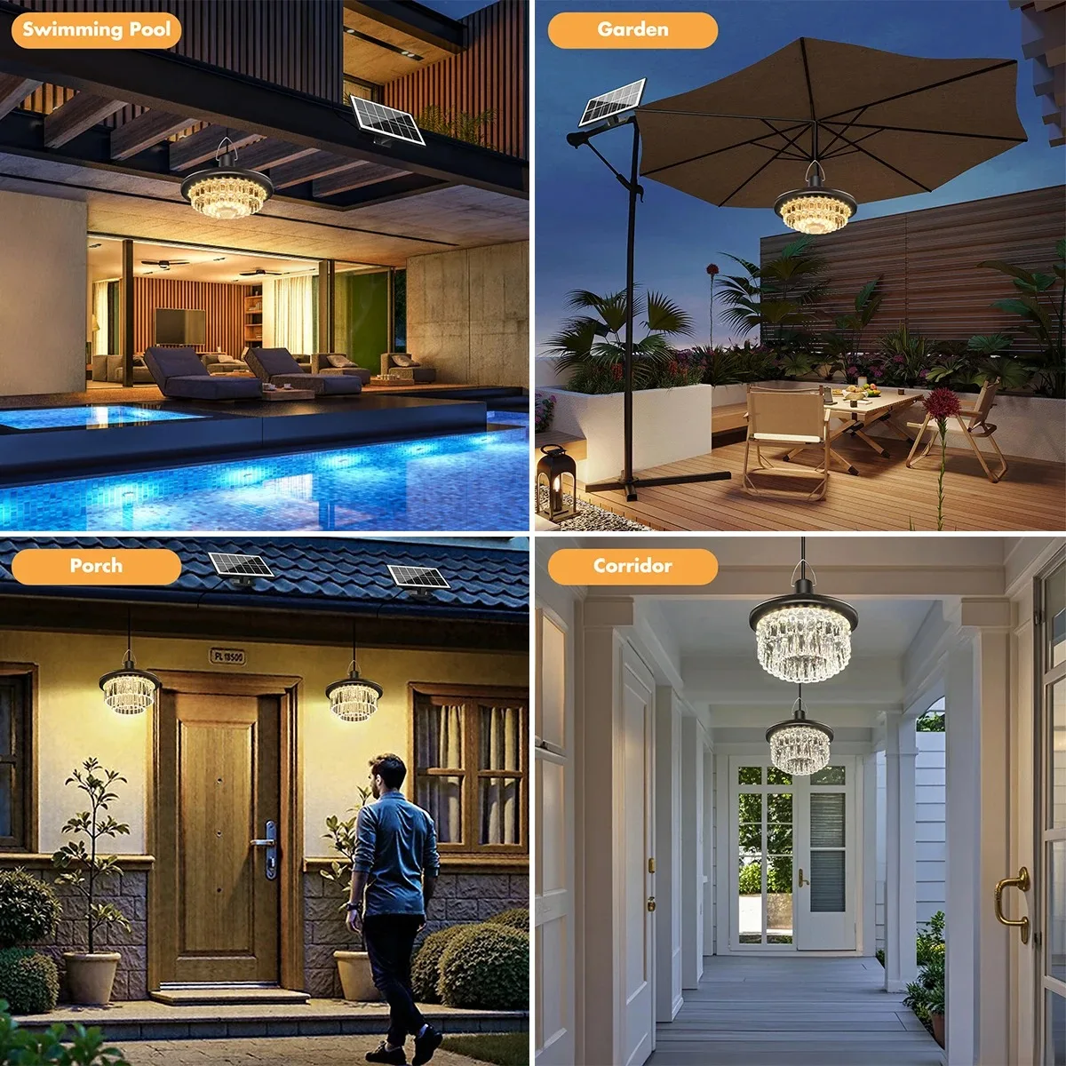 Crystal Pendant Lights Outdoor Solar Shed Lights Splitlight Remote Timing Dimmable Lamp for Garage Garden Gazebo Barn
