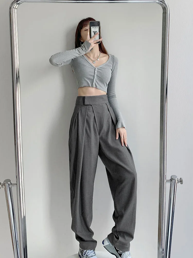 Pleated High Waist Women Solid Color Pants 2024 Autumn Winter New Vintage Trousers Loose Wide Leg Joggers Trousers Simple Style