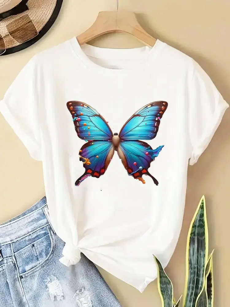 

Акварельные милые футболки с короткими рукавами и бабочками, модная одежда, женские повседневные женские футболки с круглым вырезом и графическим принтом