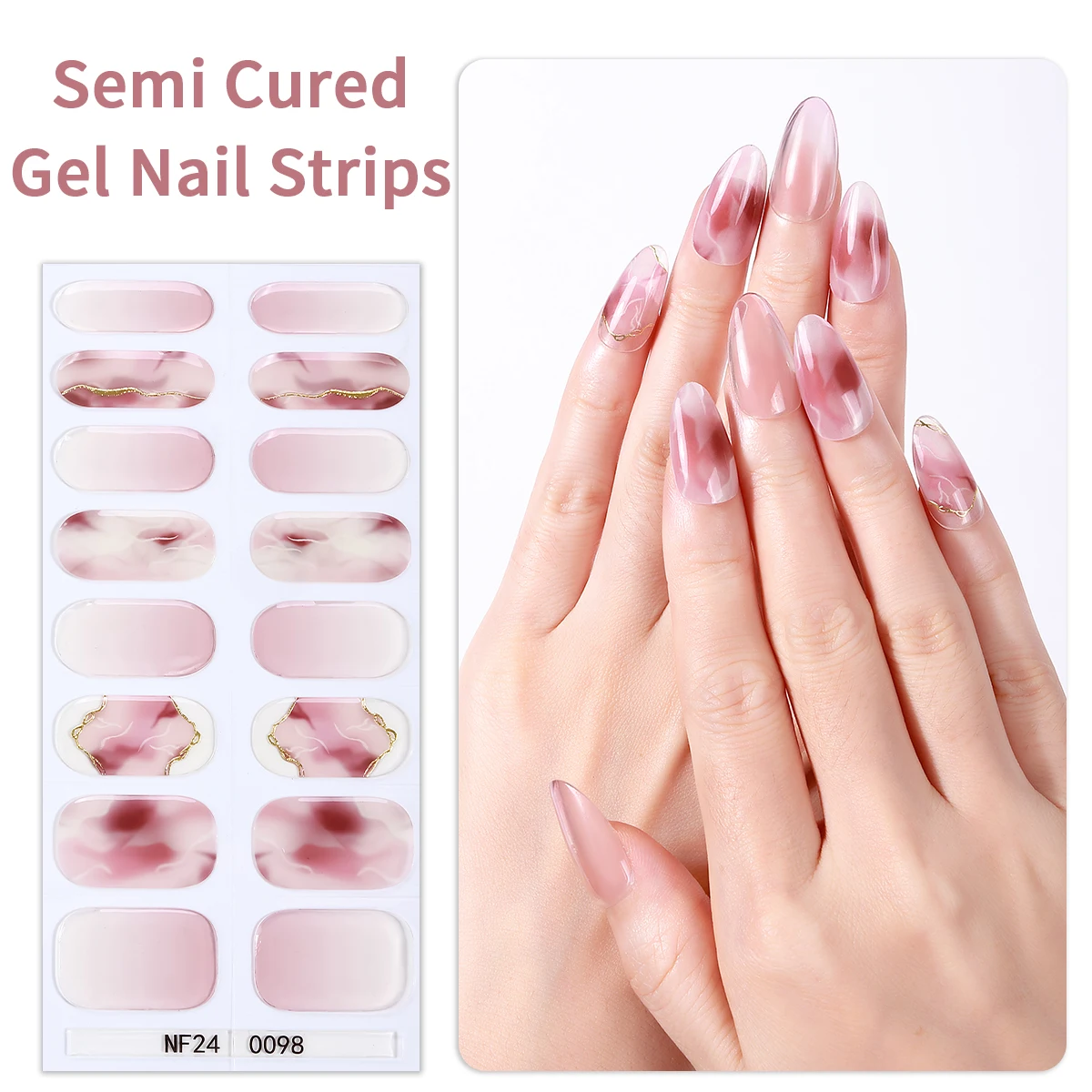 

16Tips Semi Cured Gel Nail Strips Pink Gradient Gel Nail Sticker Long-Lasting Full Cover UV Nail Wraps DIY Manicure Decoration