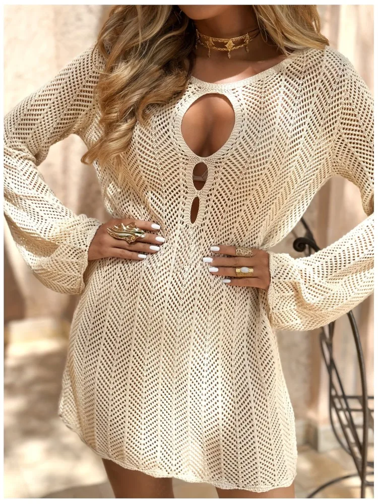 

Spring Summer New Simple Solid Color Beach Skirt Women's Sexy Vacation Style Knitted Hollow Long-sleeved V-neck Mid-waist Dress