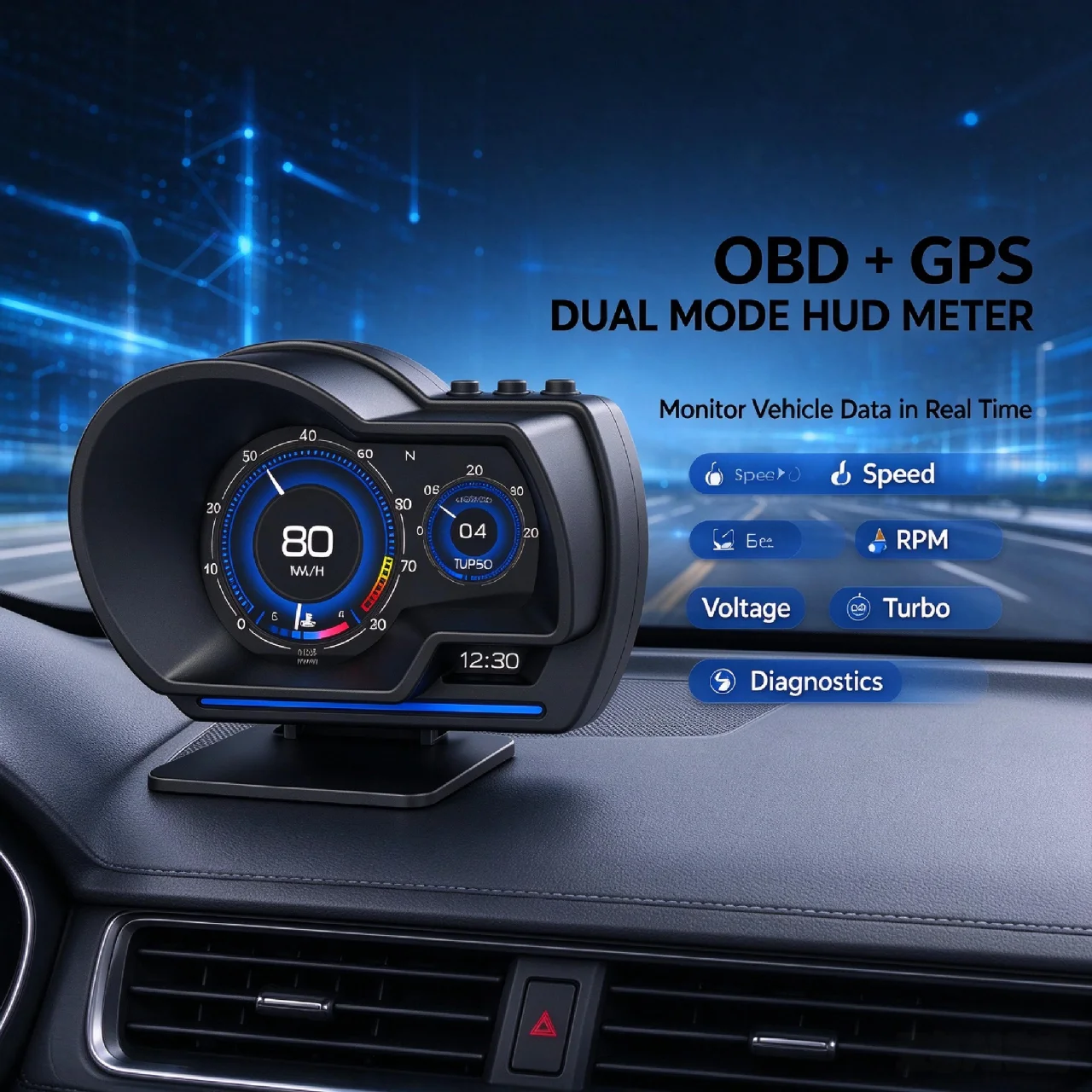 Car Head up Display, Gauge High Definition Speedometer Car Diagnostic Tool OBDⅡ+GPS Smart  OBD Fault Code Elimination
