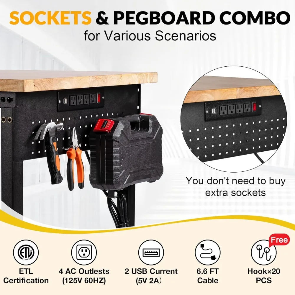 منضدة عمل جراج بارتفاع قابل للتعديل مع أدراج، سطح طاولة من الخشب المطاطي، لوح بيجبورد، منافذ طاقة، طاولة عمل شديدة التحمل