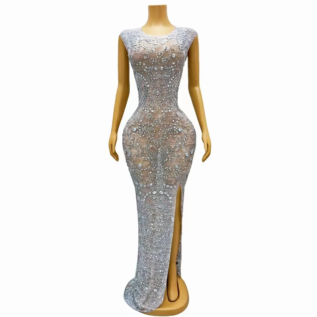 Stock Luxury Shiny Crystal Diamond Stretch Tight Long Dress Elegant Prom Gown Stage Performance Costume 2025 Annual Party Dress