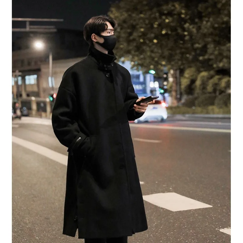 Men's Stand Collar Woolen Trench Coat Men Side Buttons Casual Loose Korean Style High-end Winter Thick Elegant Fashion Overcoat