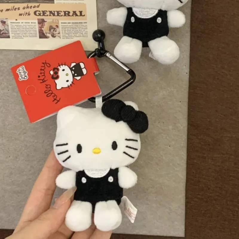 Kawaii Black White Hello Kitty Plush Doll Y2K Creative Heart-shaped Keychain Cartoon Backpack Pendant Decoration Children Gift