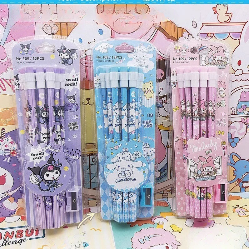 Sanrio Kuromi HB Pencils 12 Pencils & 1 Pencil Roller Stationery Box Set, Student Writing Drawing HB Pencils Sketch Pens