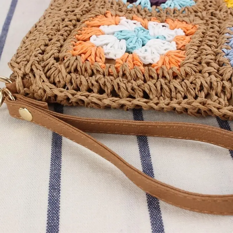 

63HC Retro Woven Crochet Paper Rope Ladies Satchel Bag with Floral Decoration