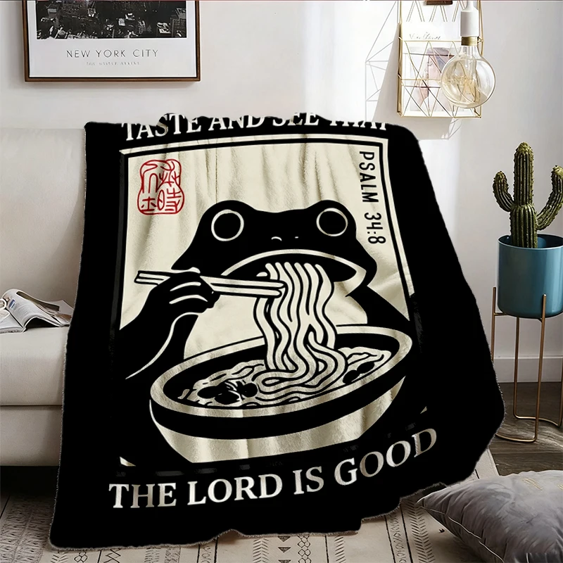 Taste and See Flannel Blanket Psalm 34, Christian Frog Ramen Flannel Throw, Funny Faith Foodie Cozy Blanket