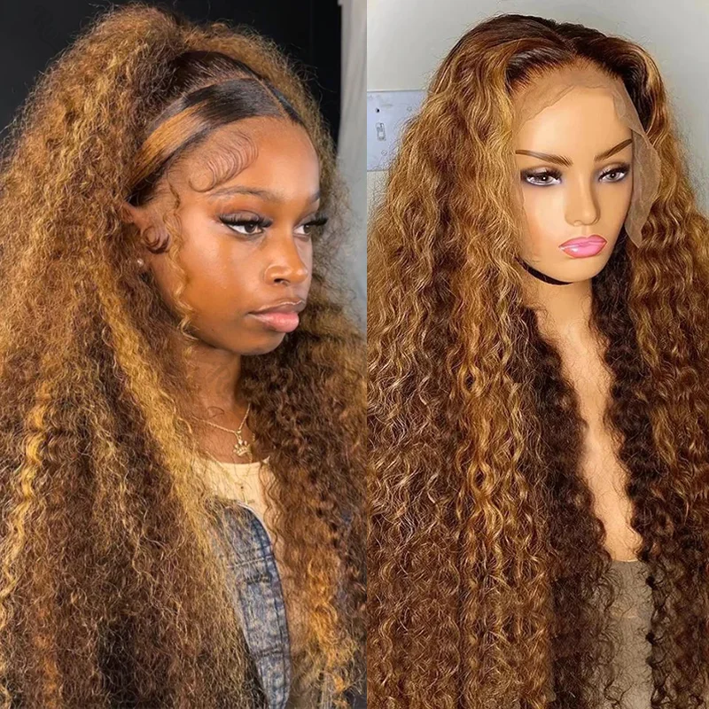 Honey Blonde Deep Curly Wigs Human Hair Highlight 13x4 13x6 Hd Lace Frontal Wig Colored P/24 Water Wave Lace Front Wig for Women 30 36 38 Inch