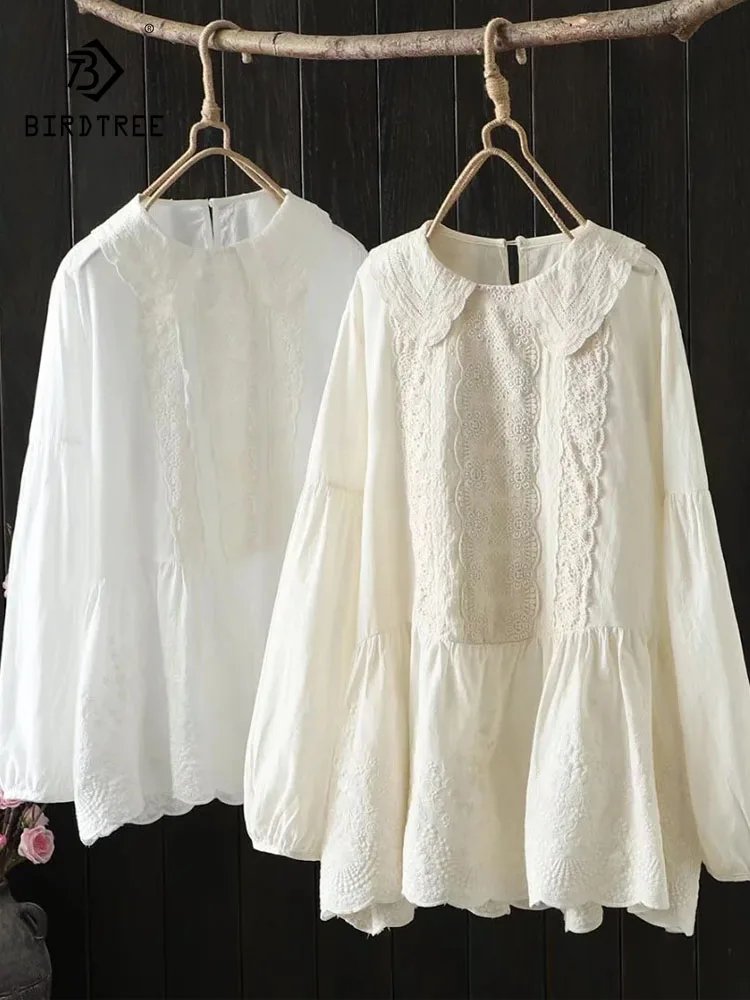 جديد 2026 ربيع قميص قطني بكم طويل ، المرأة بيتر بان طوق الدانتيل ، موري فتاة الحد من العمر الحلو فضفاض دمية بلوزة T5D549CC