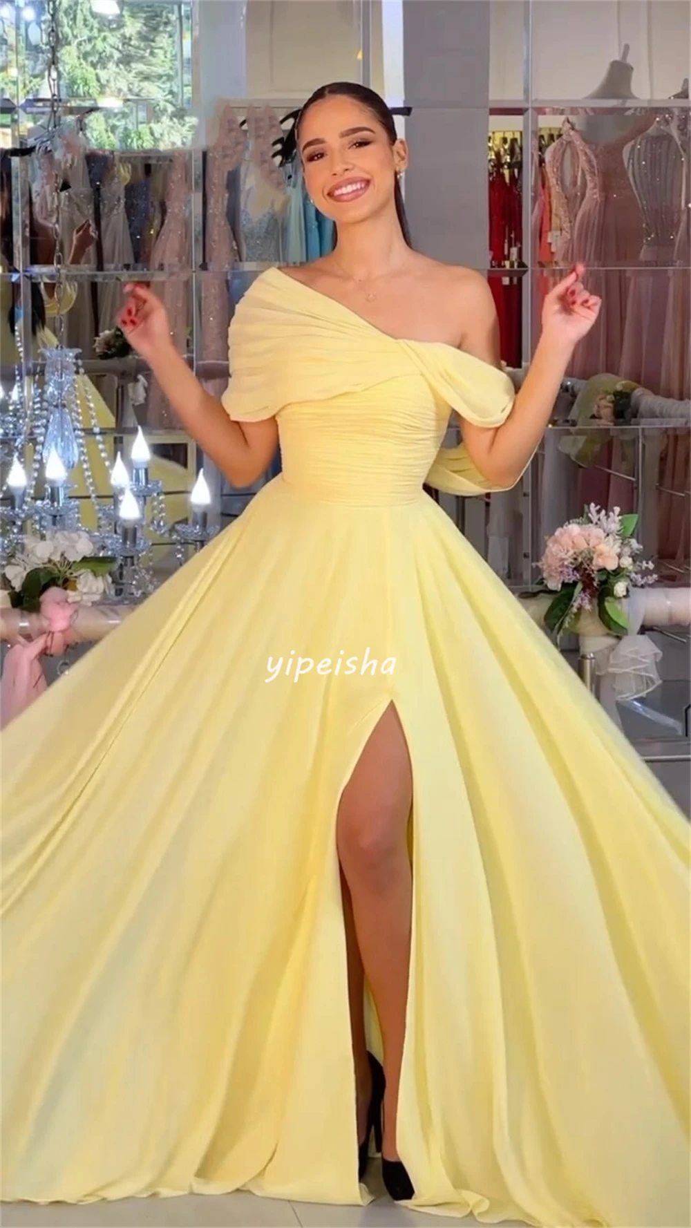 Customized Casual Chiffon Ruched A-line Off-the-shoulder Long Dresses Evening Dresses Simple Retro Fashion Elegant Exquisite Hig