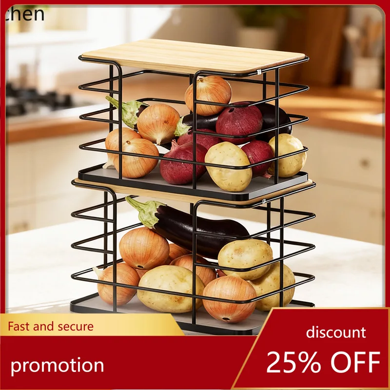 

YFY kitchen storage countertop organizer - iron & wood combination kitchen vegetable and fruit basket storage rack