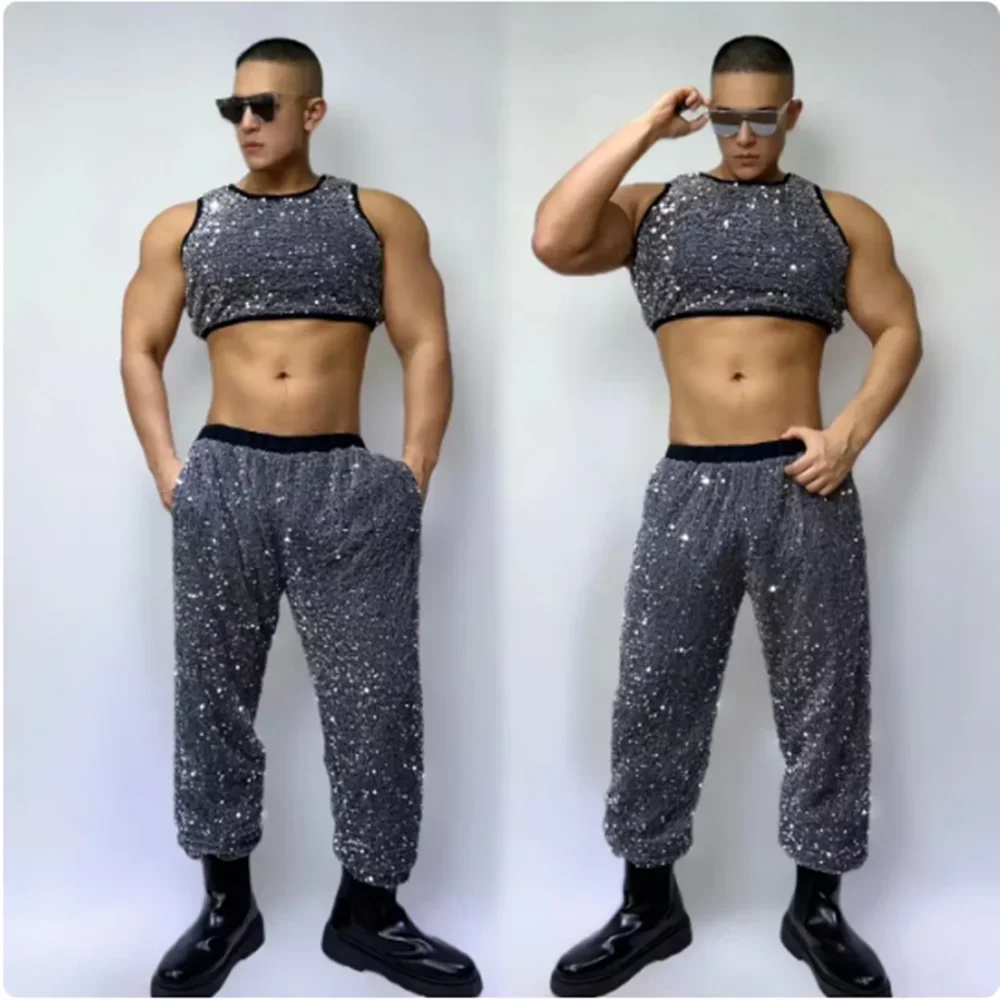 

2025 Блестящий костюм для джазовых танцев с пайетками, мужской, для ночного клуба, хип-хоп, короткий топ и брюки, одежда для гоу-гоу танцев и рейвов yj877