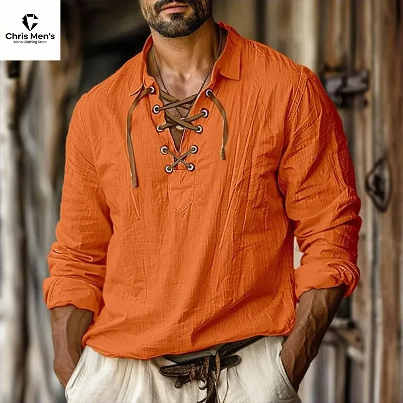 

Mens Vintage Linen Shirt Long Sleeve Lapel Collar Casual Cotton Linen Top for Men Hippie Renaissance Beach Vacation Daily Outfit