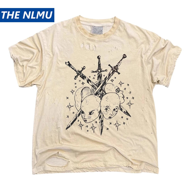 

Винтажная футболка с короткими рукавами и рисунком в стиле ретро, рваная футболка в стиле гранж, повседневные футболки унисекс Y2K, 100% хлопок