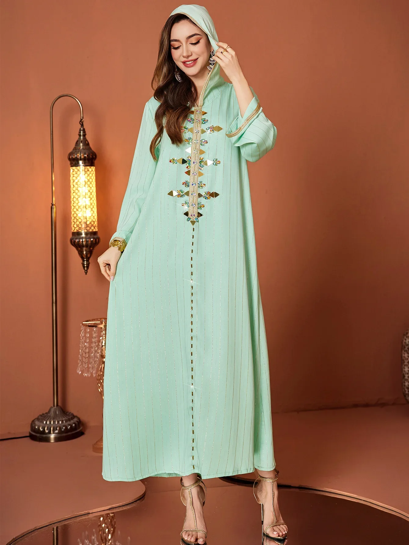 

Мусульманское платье Ид, женское длинное платье Абая с бисером и бриллиантами, с капюшоном, Vestidos Largos, вечерние кафтан Джалабия, Рамадан, длинный халат 2026