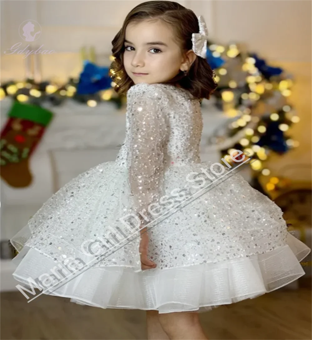 White Flower Girl Dress With Beading Long Sleeves For Wedding First Communion Official Beauty Pageant Event Party Gown