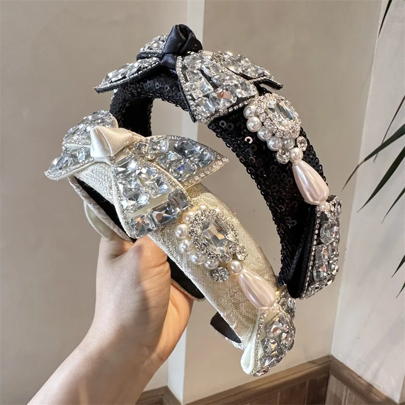 

Новая корейская роскошная повязка на голову с обильной отделкой, сверкающими стразами и искусственным жемчугом - элитный аксессуар для волос