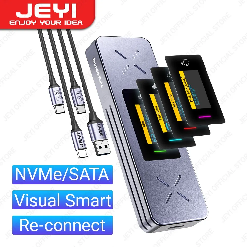 JEYI Visual Smart M.2 NVMe / SATA SSD Gabinete, USB 3.2 Gen 2 10 Gbps, Adaptador Externo M2 Suporte M-Key B + M Chave UASP Trim
