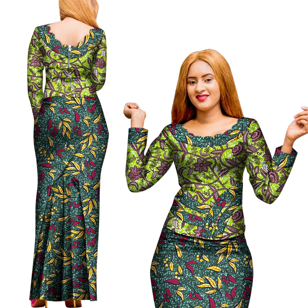 2 Pcs Skirt and Top Set African Clothes for Women African Print Women Long Sleeve Blouse and Long Skirt Ankara Outfit WY8008