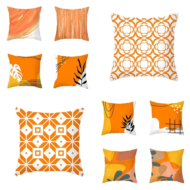 45x45cm Color Orange Abstract Geometric Leaf Lines Pillowcase Cozy Sofa Seat/Back Cushion Cover Home Decor Throw Pillows Case